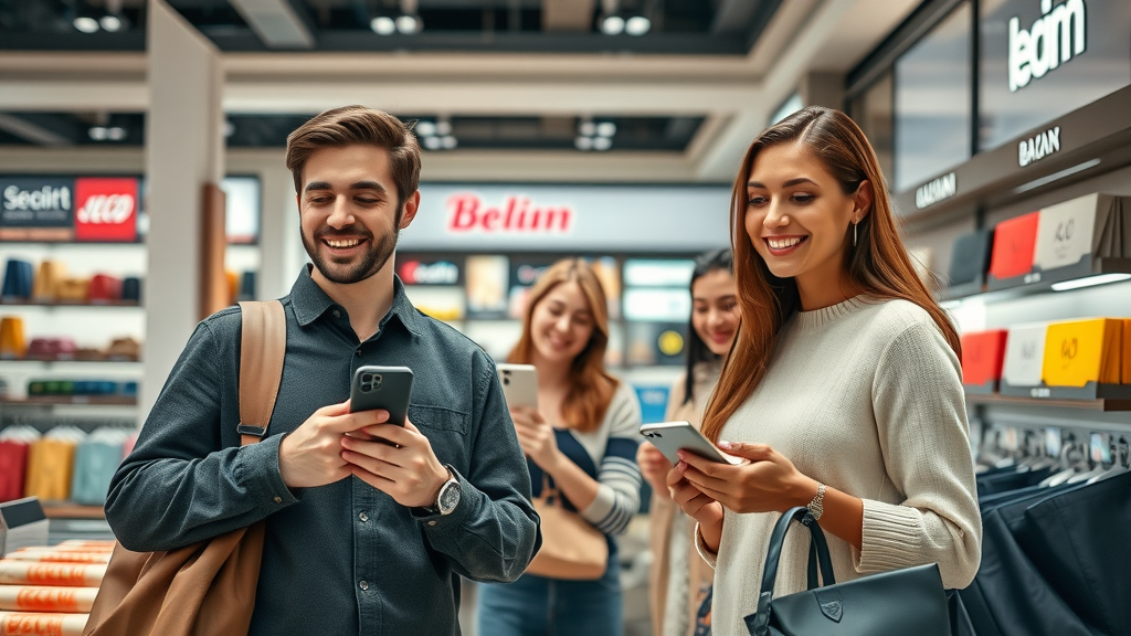 Customers happily choosing premium, iconic branded products in a modern retail environment, exemplifying how brand equity supports higher prices and better profit margins.