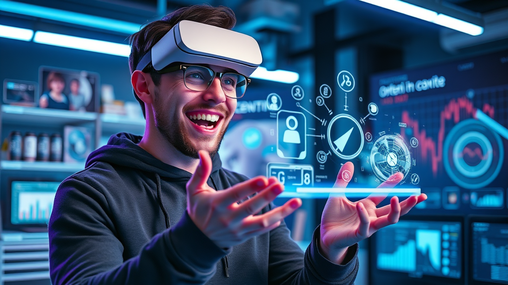 Visionary content creator using futuristic AI-powered content creation tool in a high-tech digital workspace