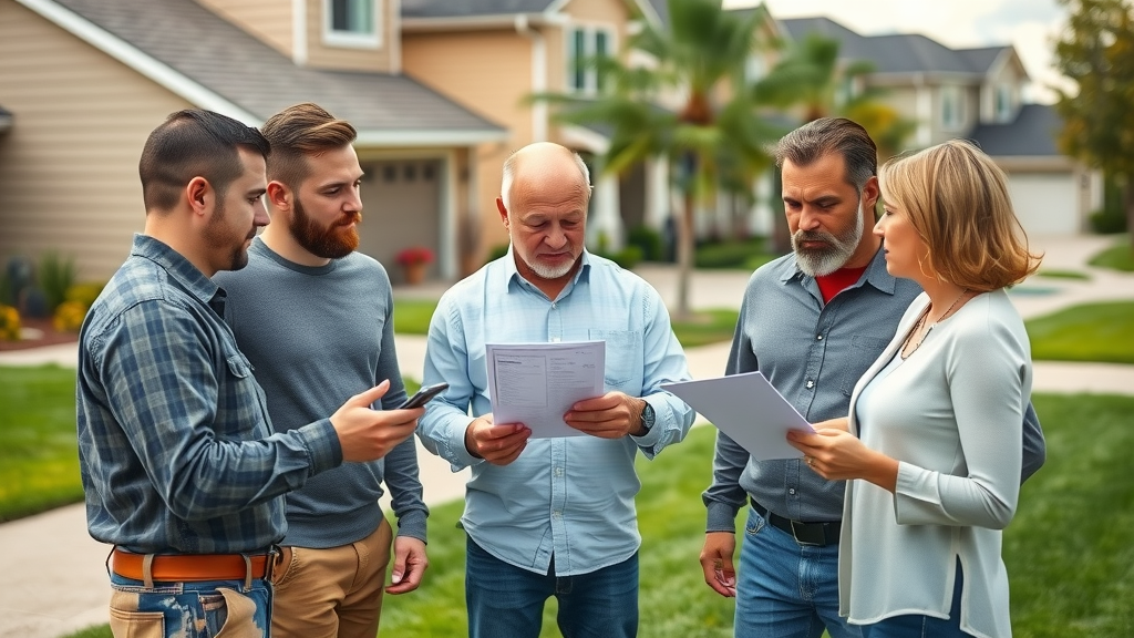 Roofing contractors discussing roofing costs with homeowners in a residential neighborhood setting