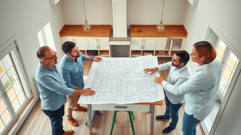 real estate flipping process organized renovation team collaborative blueprint modern finishes