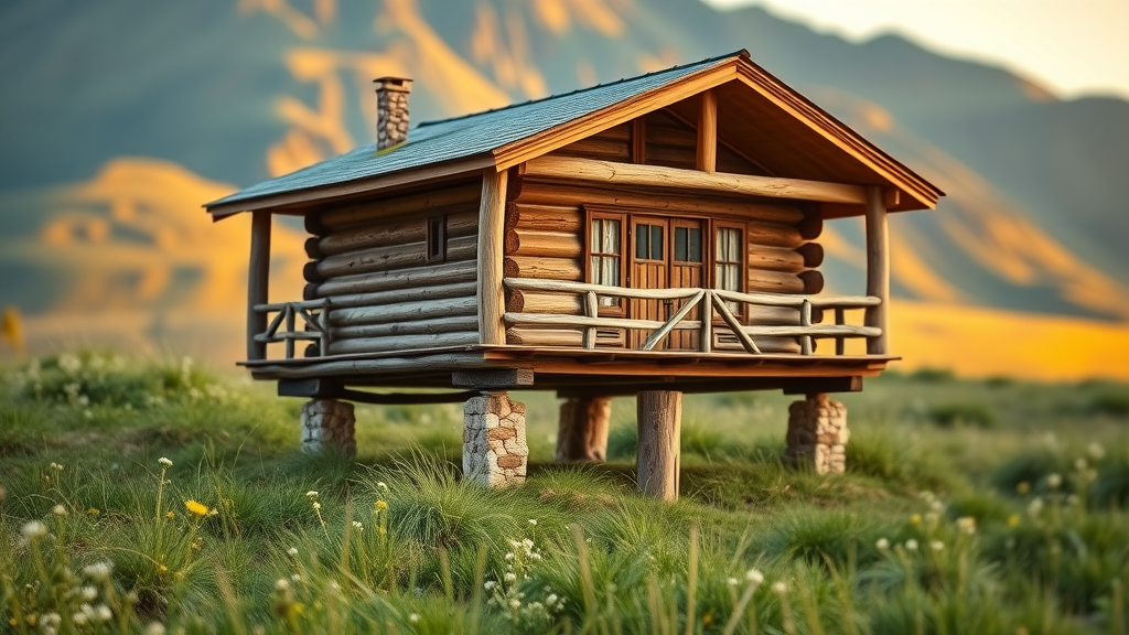 picturesque log cabin on pier foundation with open airflow beneath, mountain meadow and wildflowers, rustic strong supports, golden hour lighting