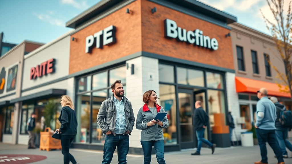 dynamic Spokane commercial building after commercial painting project, businesses and customers admire transformation, painting contractors with professional paint results