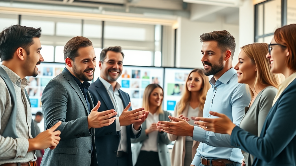 Professional marketing team collaborating on a dynamic branding strategy in a modern office, with digital screens displaying marketing branding visuals.