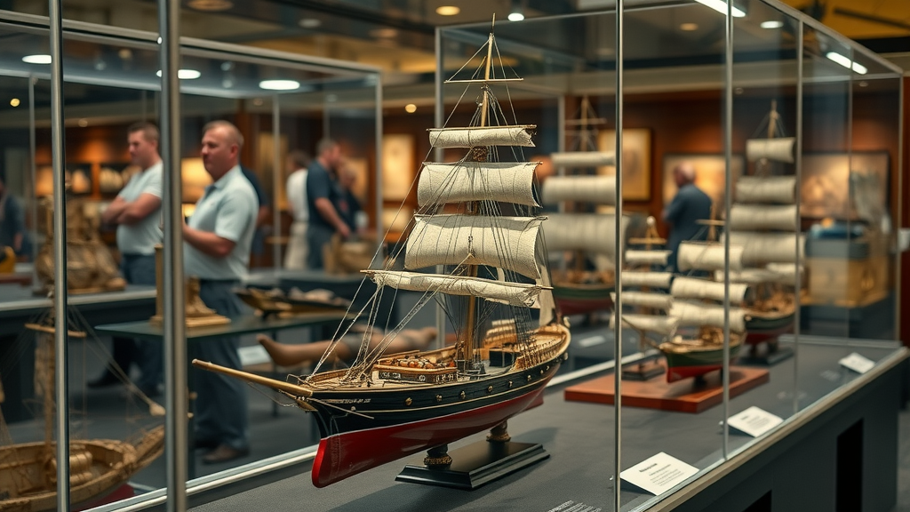 Vintage naval artifacts and ship models displayed in glass cases at a United States shipbuilding museum, with polished brass and weathered wood