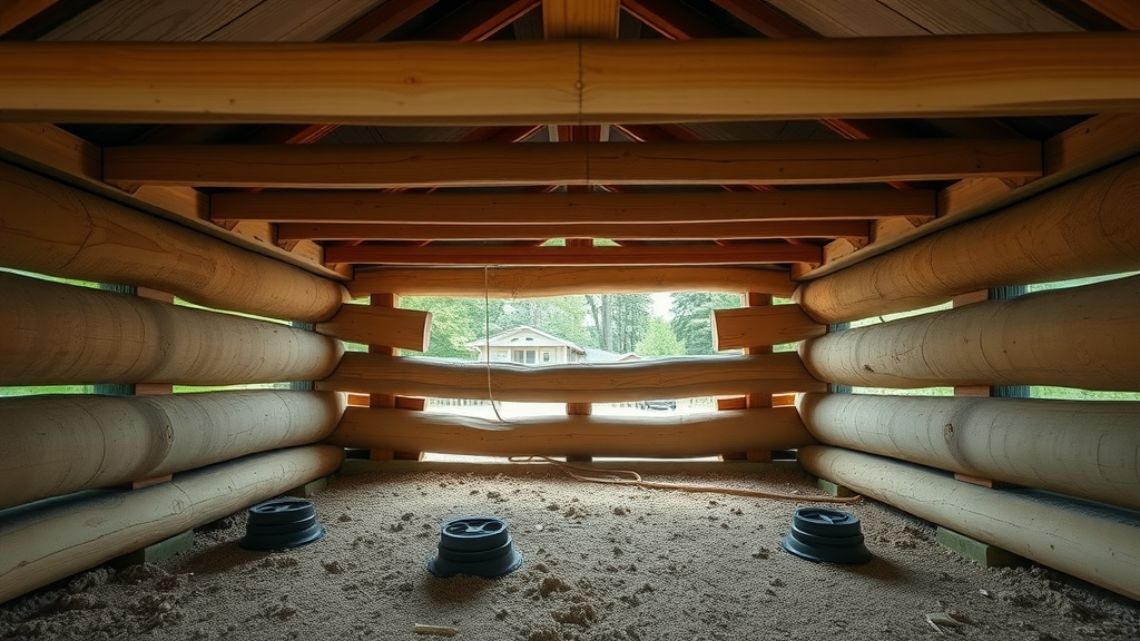 inviting crawl space foundation beneath log home, well-ventilated with visible insulation, lush yard background, photorealistic and reassuring