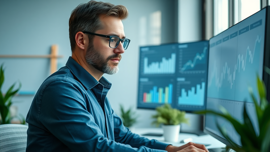 Marketing manager tracking KPIs and analytics for local business visibility on a modern dashboard.