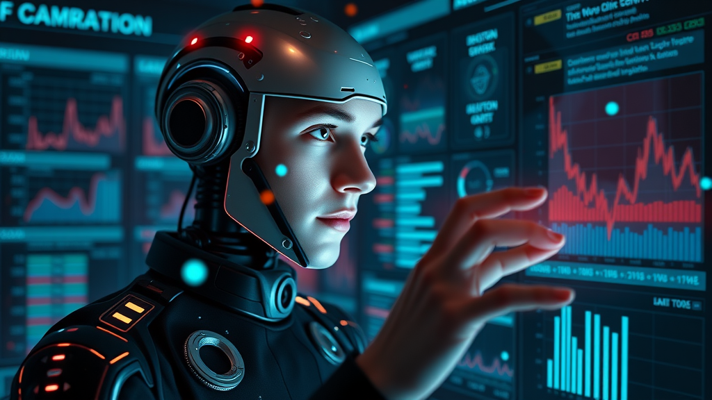 Dynamic AI agent as a digital assistant analyzing data streams and interacting with futuristic interface with neon highlights