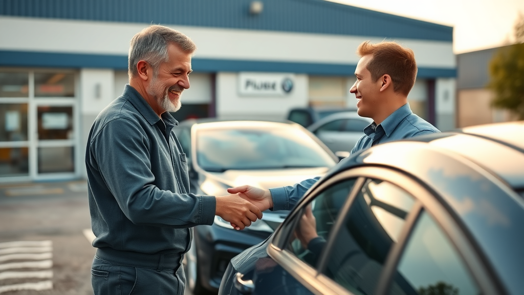 Happy car owner inspecting pristine vehicle after collision repair at a professional body shop