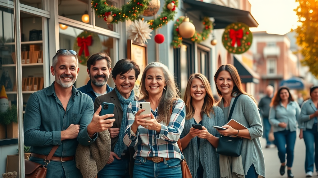 Business owners and local influencer collaborating to increase local business visibility outside a busy storefront.