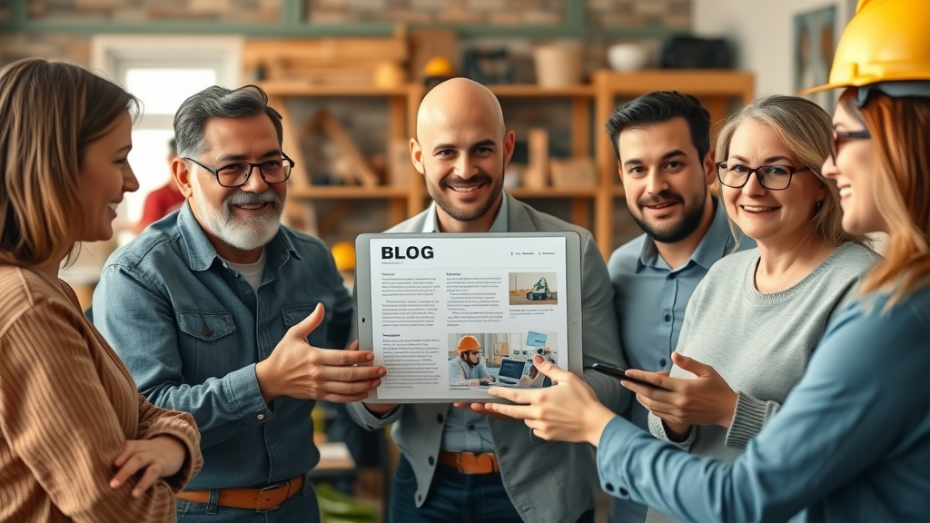 Local contractor team sharing informative blog content with community members to build trust in their community. Photorealistic image in a cozy community center with construction props.