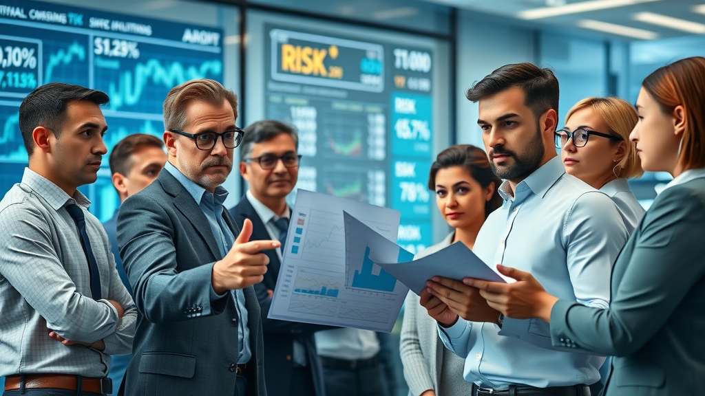 Real estate investment risks infographic with investors analyzing charts and risk statistics in a modern office