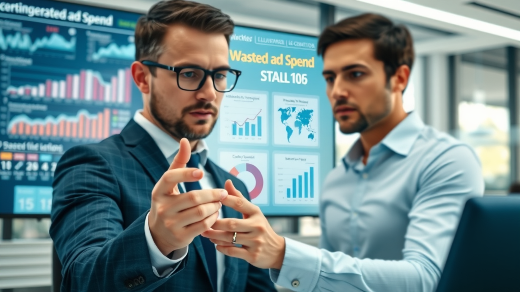 infographic on wasted ad spend in media planning and buying, marketers analyzing statistics
