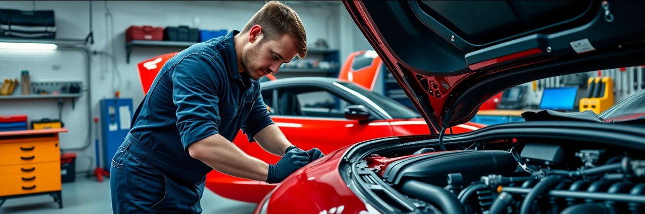 Auto repair mechanic working on sports car in modern workshop, highly detailed