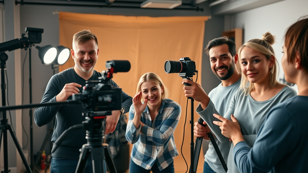 content creators working in a studio batch producing video content and photos for digital media