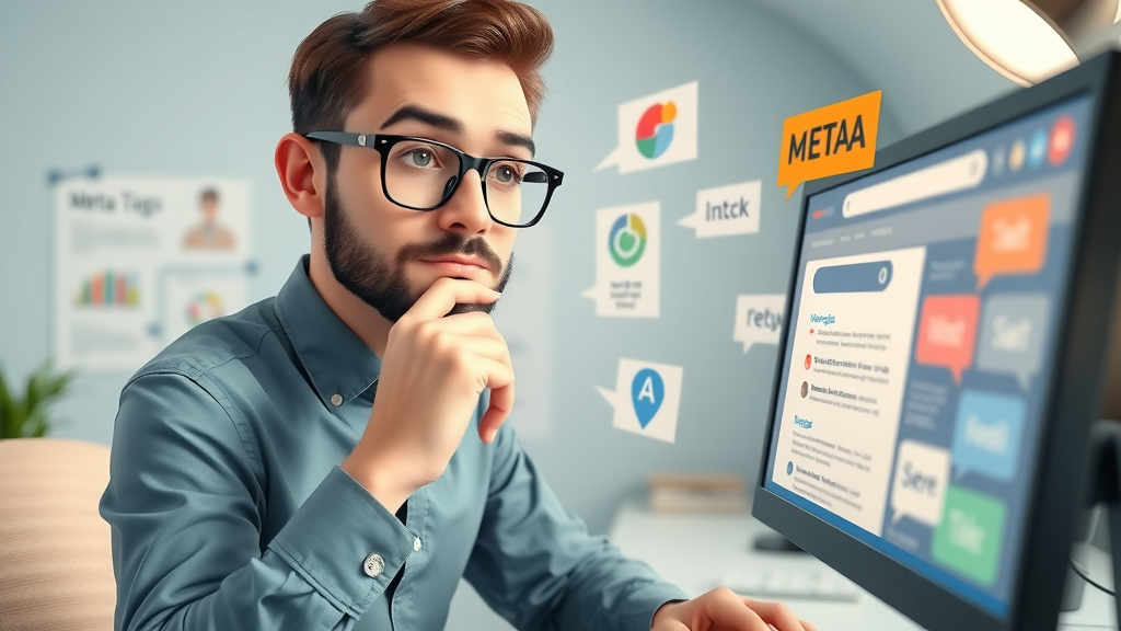 SEO techniques: content creator optimizing website content with meta tags and keyword strategy