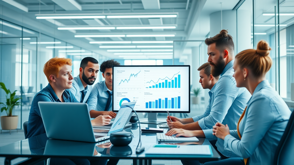 on-page SEO digital marketing team analyzing SEO charts in a modern office workspace, vibrant teamwork, glass walls, natural light, focus on dynamic collaboration and laptops