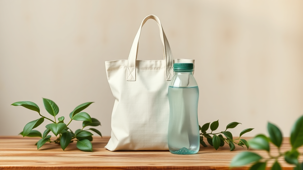 Eco-friendly recycled tote bag and reusable water bottle showcasing sustainability as a top promotional products trends 2024