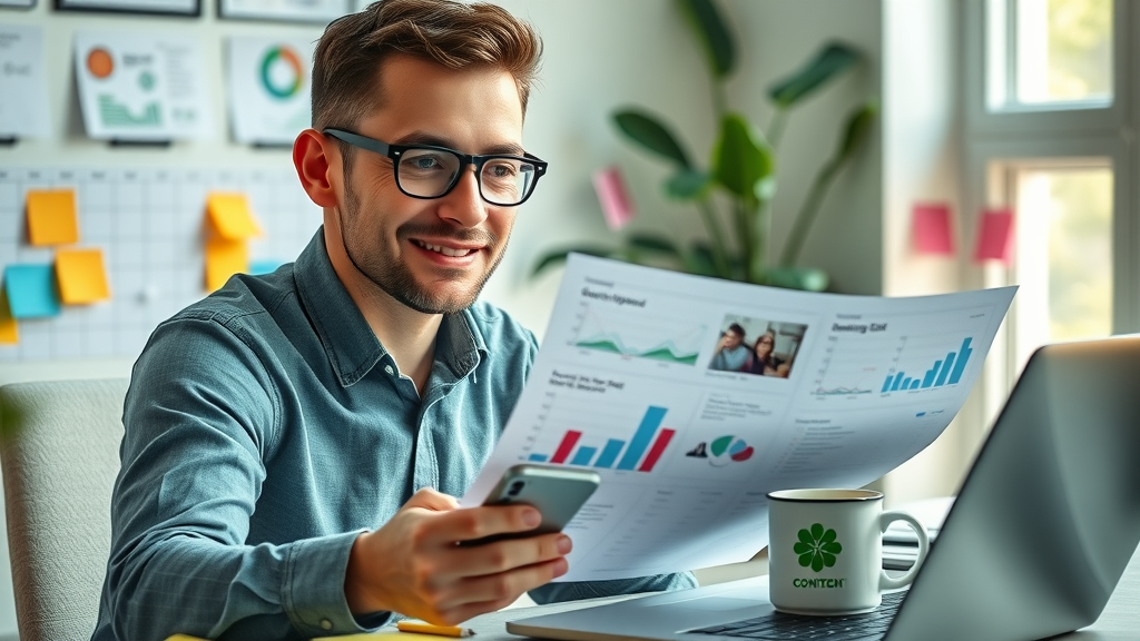 Content strategist reviewing a calendar with published engaging video content and performance graphs