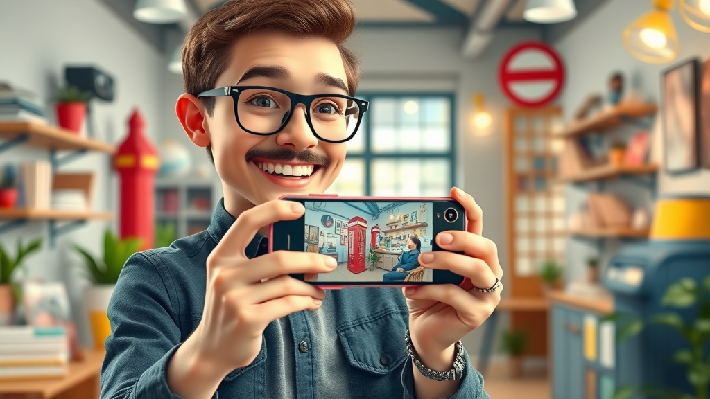 Young entrepreneur creating engaging social media content in a decorated London business interior