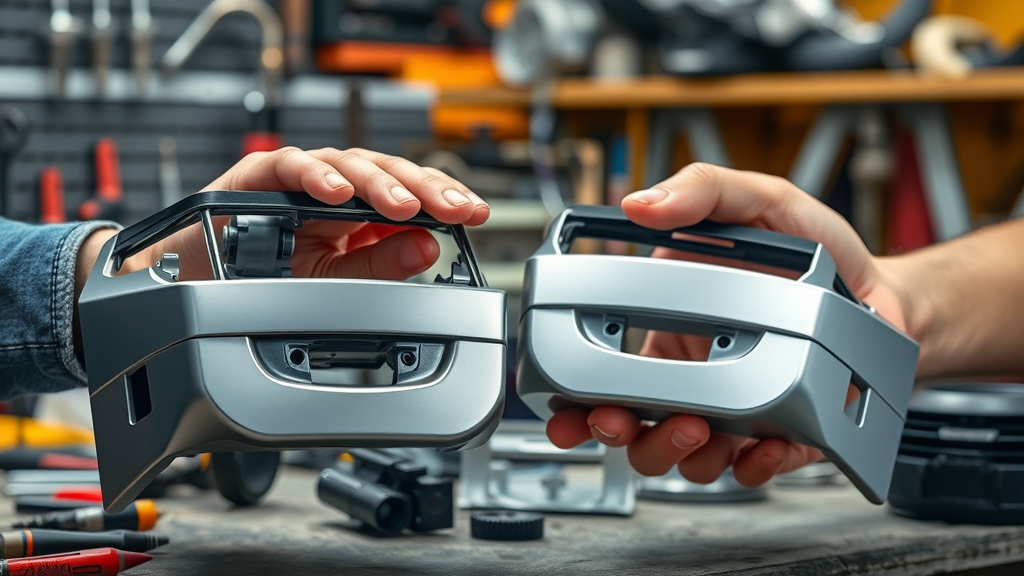 close-up comparison of OEM vs aftermarket auto body parts on a workbench with technician hands holding parts