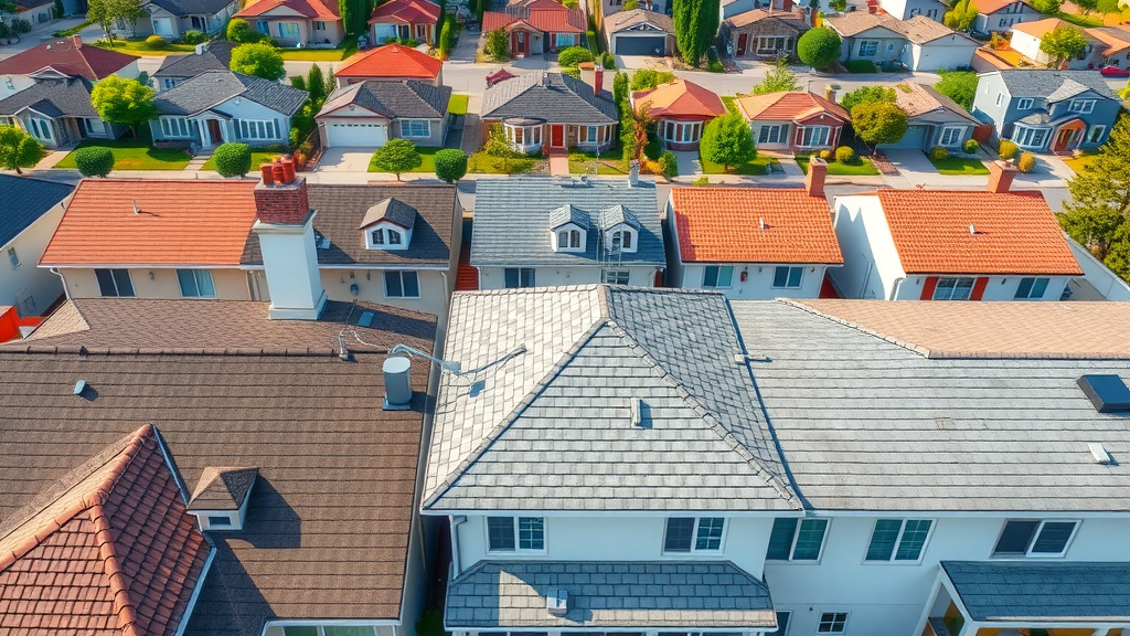 assorted clean maintained roofs, each showing maintenance tools, asphalt shingle, metal, tile, suburban setting, roof repair and maintenance