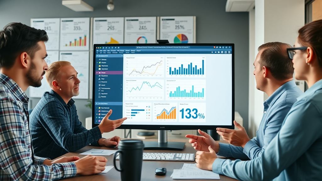 team of digital marketers optimizing a landing page analyzing data graphs for google ads and content strategy in 2025