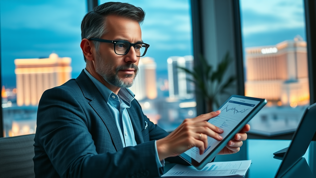 Las Vegas real estate market investor reviews digital property data in a modern home office