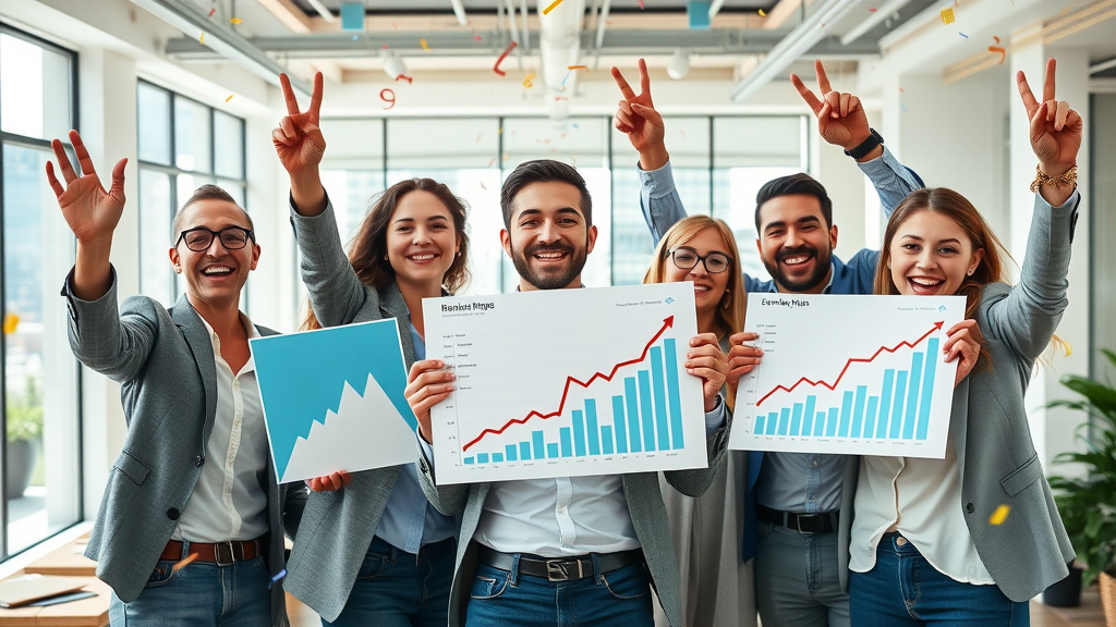 Successful business team celebrating promotional products marketing strategy brand growth holding branded products and analytics charts
