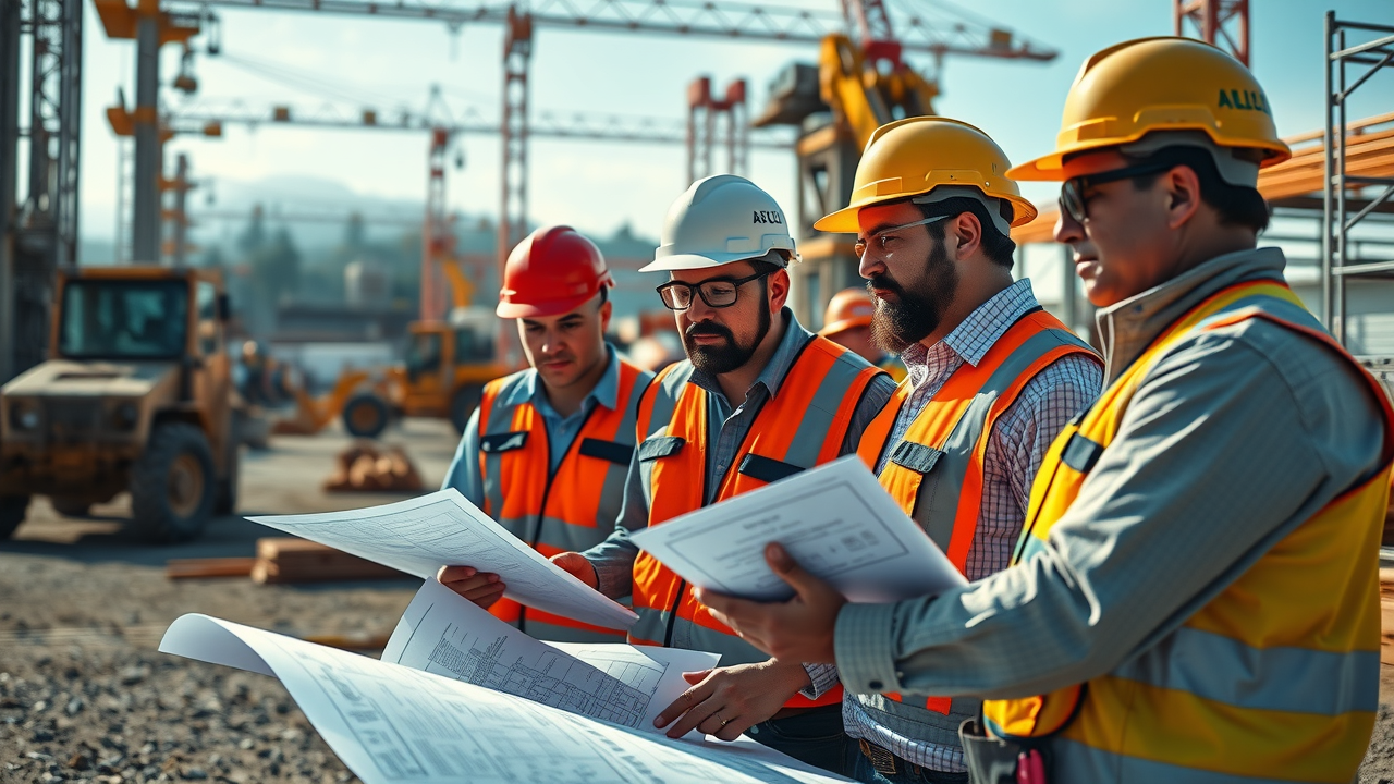Construction management and civil-engineering team collaborating on urban project site