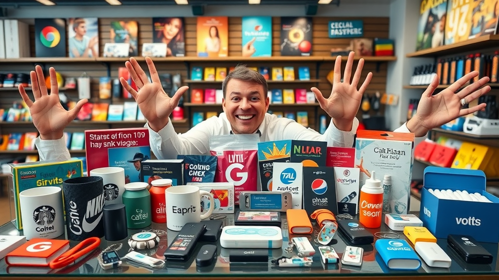 Variety of branded promotional products like mugs and keychains representing promotional products guide