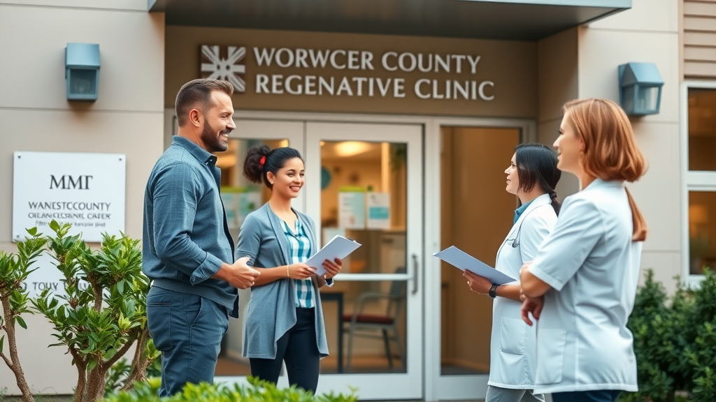 Exterior of leading regenerative medicine clinic for joint and tissue repair in Worcester County, MA, staff welcoming patient