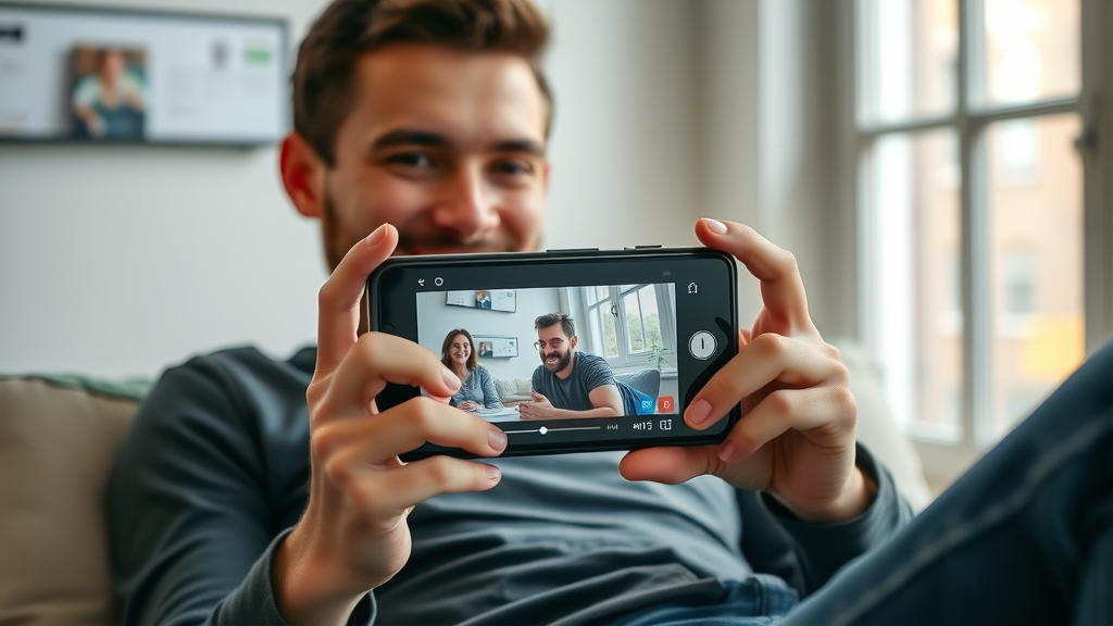 Happy viewer enjoying video SEO optimized content on a mobile smartphone with accessibility features enabled