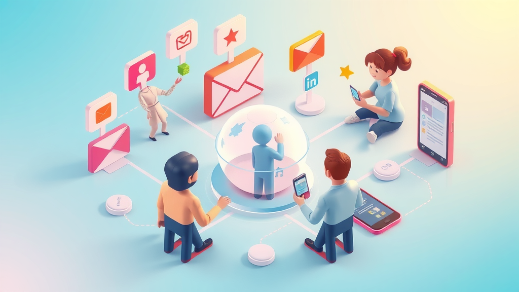 Interconnected digital marketing channels: social, email, SMS, web, and mobile apps, animated icons on bright simple background.