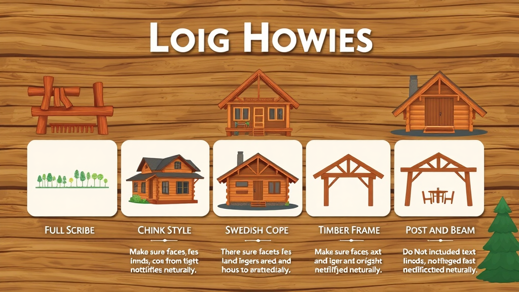 infographic labeled log home styles: Full Scribe, Chink Style, Swedish Cope, Timber Frame, Post and Beam, types of log homes visual comparison