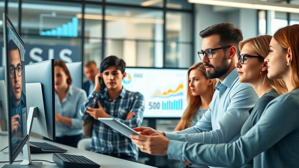 Digital marketing team analyzing video SEO optimization reports in a modern workspace, focused on boosting video rank and video SEO