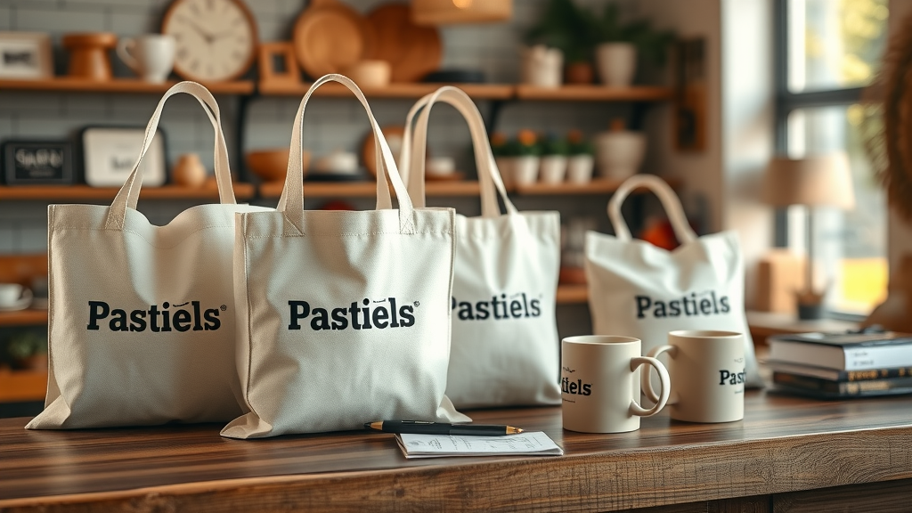 Top promotional products marketing strategy items for small businesses like branded tote bags, pens, and mugs showcased in a boutique