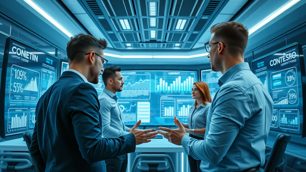 futuristic digital marketing agency office professionals analyzing charts and content strategy on multiple transparent screens SEO strategy google algorithm visualizations high fidelity