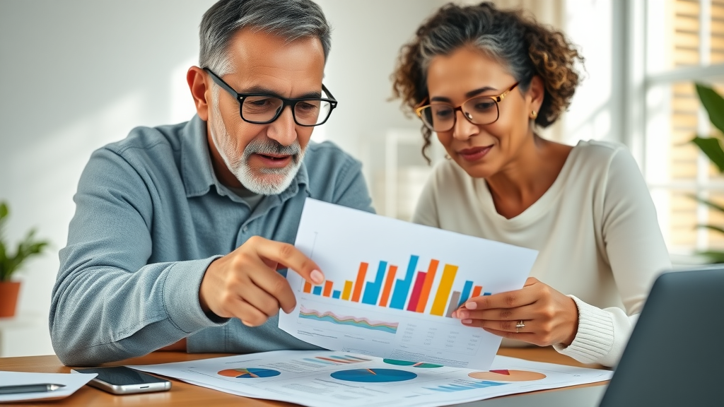 hecm for purchase senior couple reviewing financial charts in modern home office