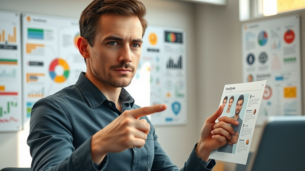Focused marketing professional using audience persona charts for identifying target audience in video marketing