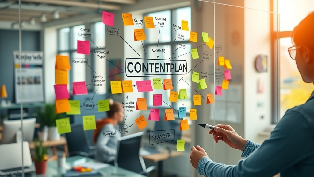 Strategic content marketer building a keyword-driven content marketing roadmap on a glass board