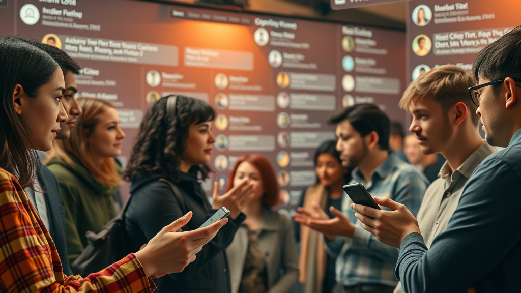 Community forum engagement scene showing diverse users and upvoting for off-page SEO, lively digital interface