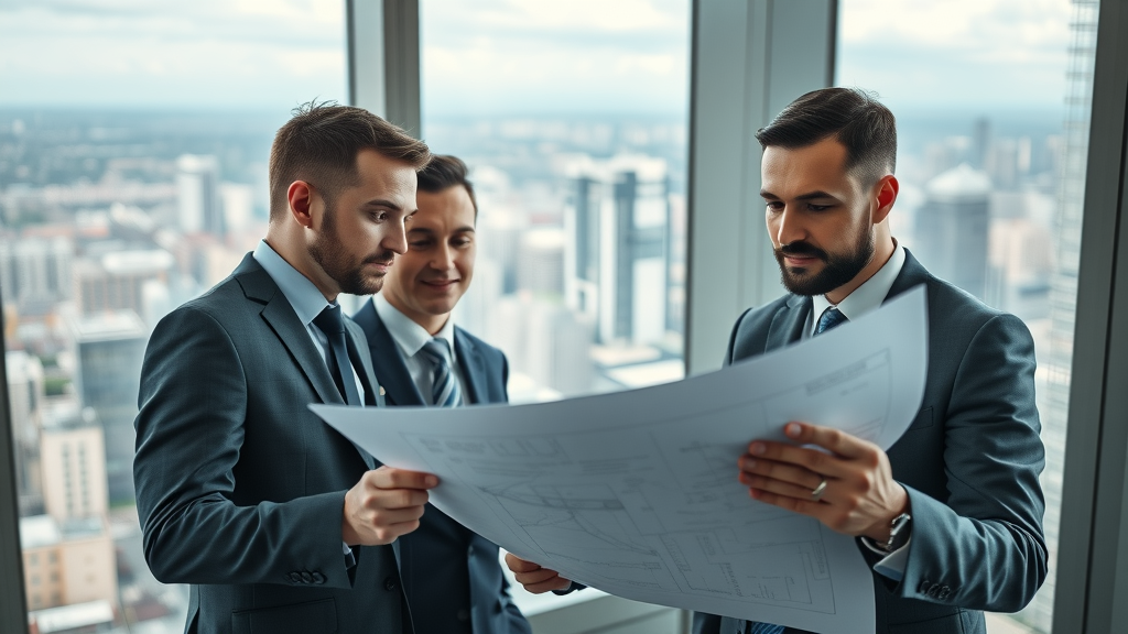 Commercial real estate law professionals reviewing legal documents in modern office