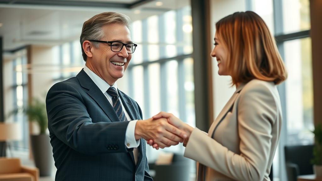 Elegant business coach shaking hands with a sophisticated client in luxury office lobby to attract high-end coaching clients