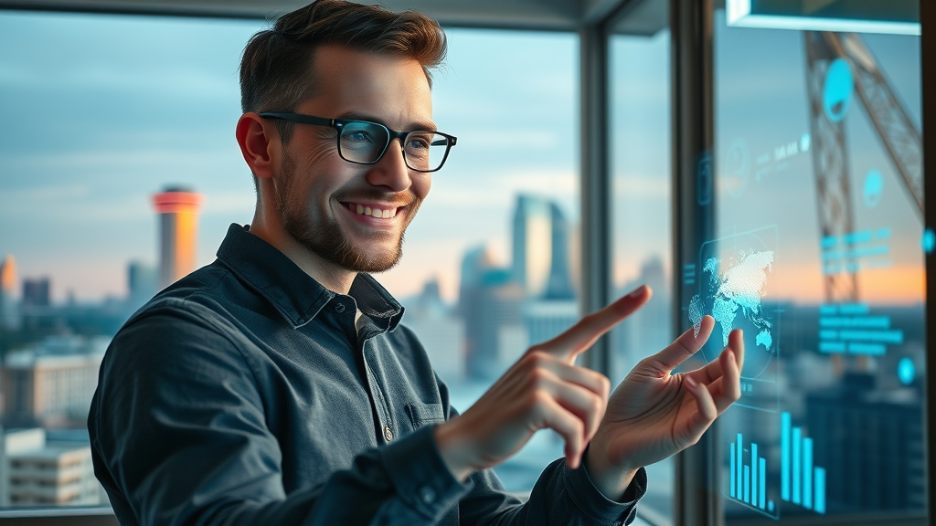 Minneapolis tech entrepreneur in incubator, using digital interface, representing future business growth trends