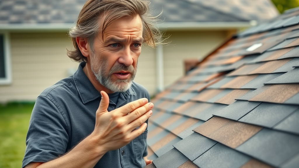concerned homeowner examining roof damage, roof repair, worried expression, broken shingles, roof damage inspection