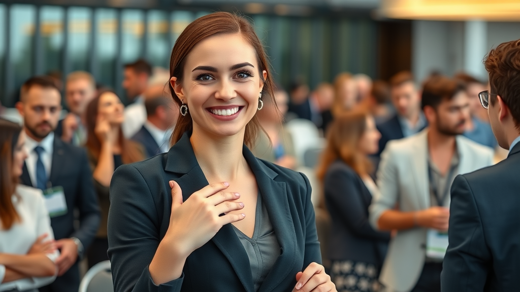 tiffany segura leader in solutions for hard-to-place merchants, professional businesswoman at networking event in bustling conference room