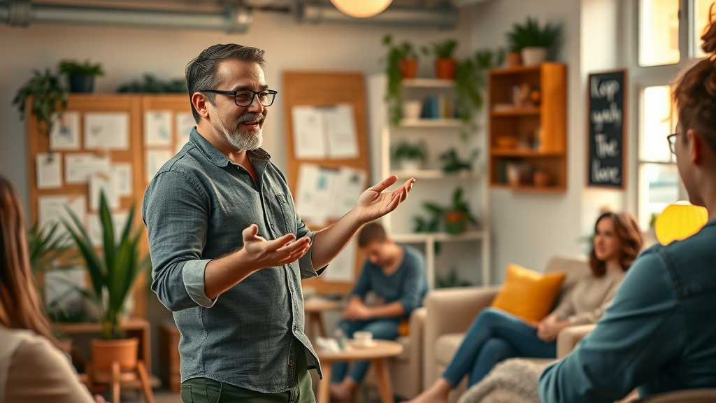 Inspiring storyteller presenting video marketing ideas in creative studio