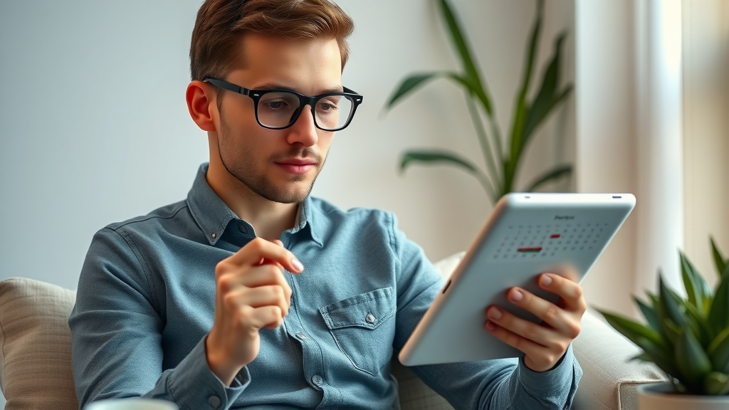 content marketing strategies organized planner reviewing digital calendar on tablet in modern workspace