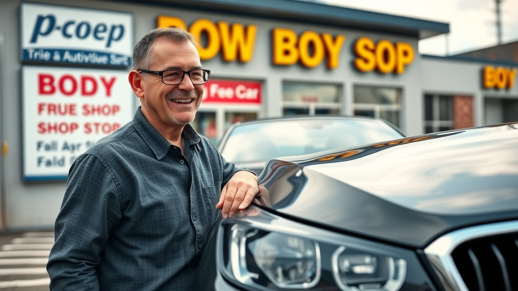 satisfied car owner smiling next to a freshly repaired car outside the auto body shop