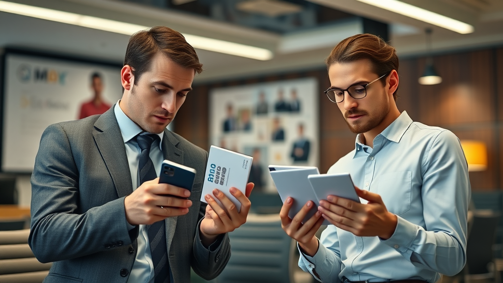 Business professionals carefully evaluating promotional products to ensure quality and brand consistency